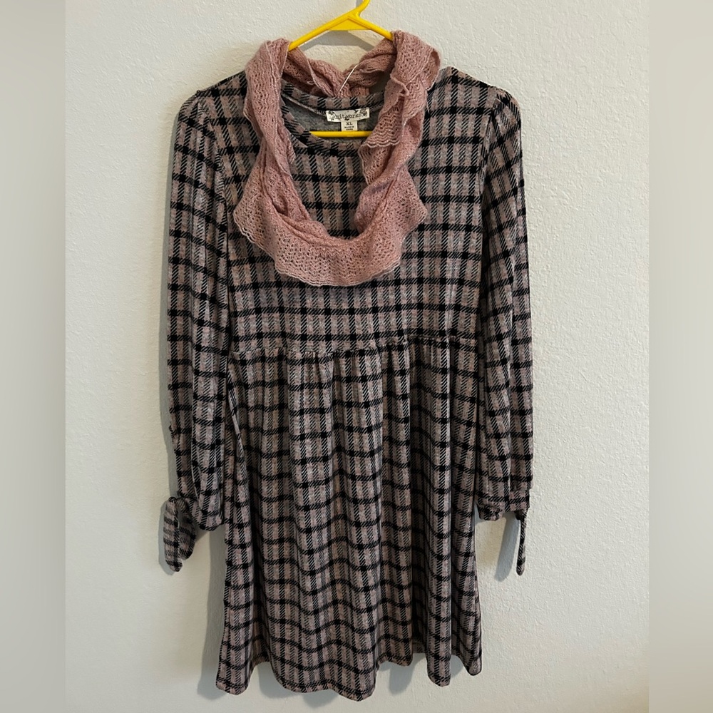 Plaid Long-Sleeve Dress with Pink Scarf
